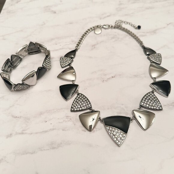 White House/Black Market Jewelry - White House Black Market Pave Shields Necklace & Bracelet Set | Black & Silver